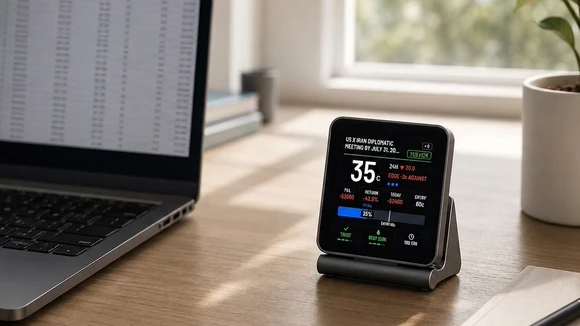 PulseDeck always-on desk display showing live prediction-market intelligence beside a trader's laptop